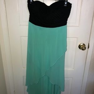 Black and teal high low strapless dress